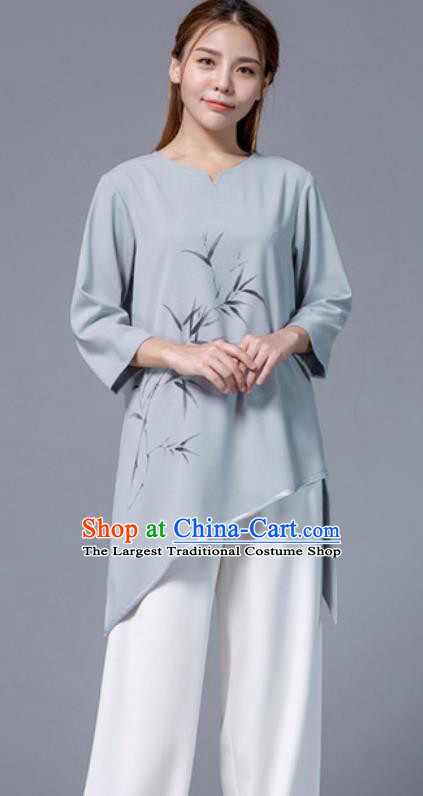 Asian Chinese Martial Arts Traditional Kung Fu Printing Bamboo Grey Costume Tai Ji Training Group Competition Uniform for Women