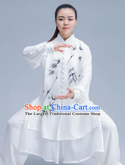 Asian Chinese Martial Arts Traditional Kung Fu Costume Tai Ji Training Group Competition Printing Bamboo White Uniform for Women
