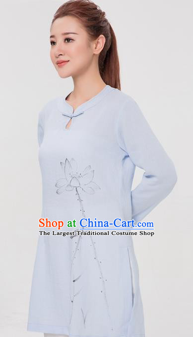 Asian Chinese Martial Arts Traditional Kung Fu Costume Tai Ji Training Ink Painting Lotus Blue Blouse for Women