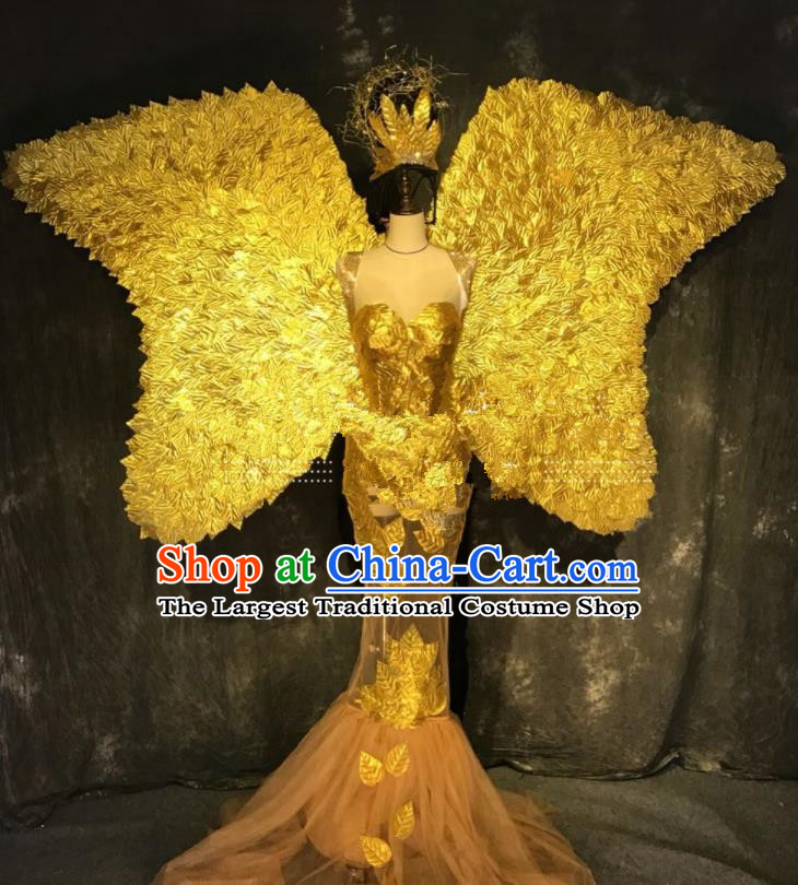 Top Grade Halloween Stage Show Golden Feather Wings Dress Brazilian Carnival Modern Fancywork Costume for Women