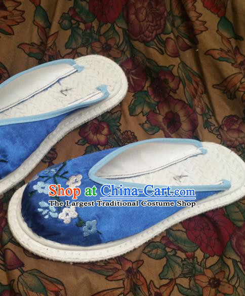 Chinese Ancient Princess Shoes Traditional Blue Satin Slippers Hanfu Shoes Embroidered Plum Blossom Shoes for Women