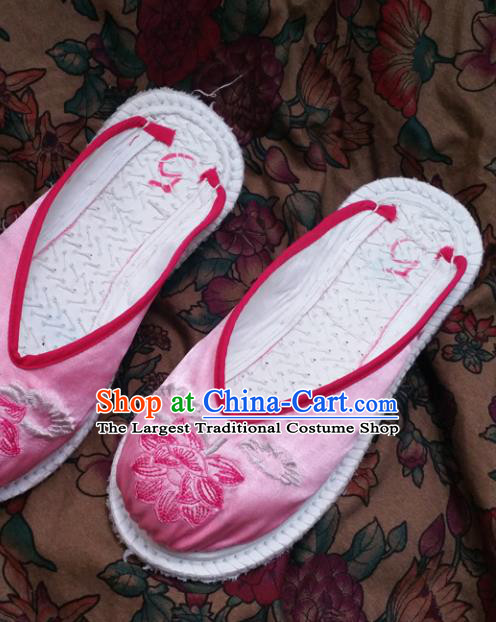 Chinese Ancient Princess Slippers Traditional Embroidered Lotus Pink Satin Shoes Hanfu Shoes for Women