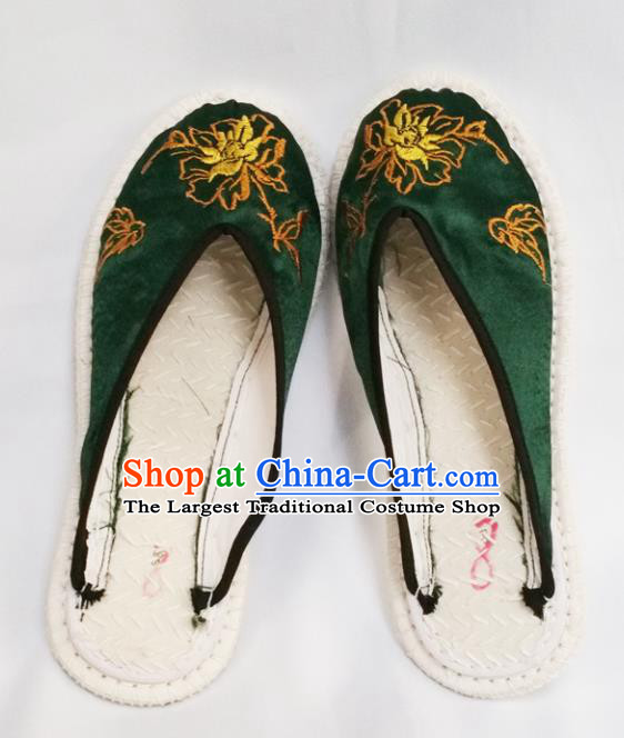 Chinese Ancient Princess Slippers Traditional Embroidered Peony Deep Green Satin Shoes Hanfu Shoes for Women