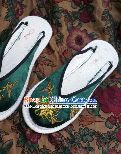 Chinese Ancient Princess Slippers Traditional Embroidered Peony Deep Green Satin Shoes Hanfu Shoes for Women