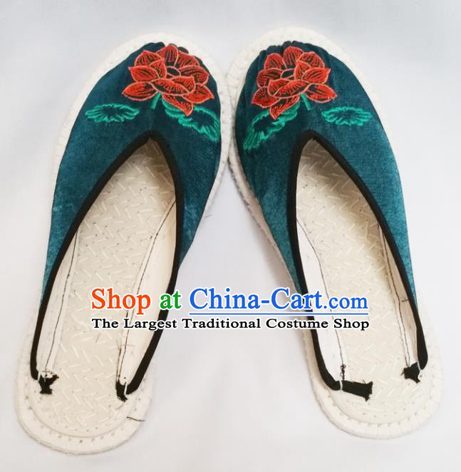 Chinese Ancient Princess Slippers Traditional Embroidered Lotus Deep Green Satin Shoes Hanfu Shoes for Women