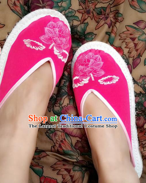 Chinese Ancient Princess Cloth Slippers Traditional Embroidered Lotus Rosy Shoes Hanfu Shoes for Women