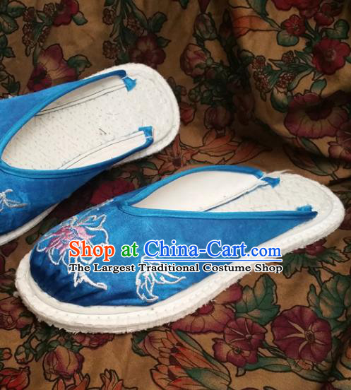 Chinese Ancient Princess Blue Satin Slippers Traditional Embroidered Peony Shoes Hanfu Shoes for Women