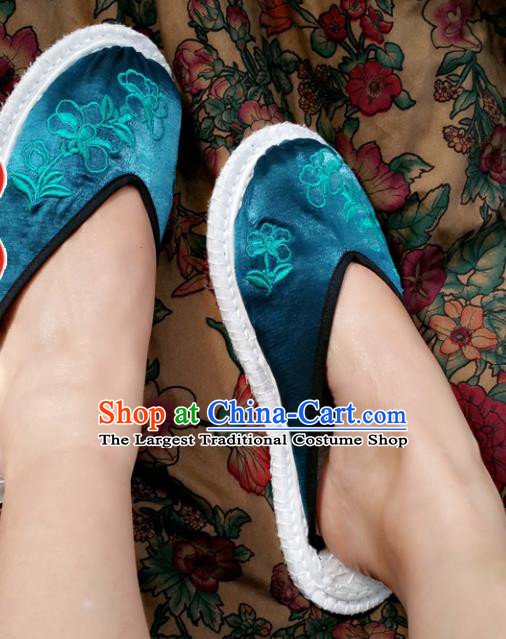 Chinese Ancient Princess Deep Green Satin Slippers Traditional Embroidered Shoes Hanfu Shoes for Women