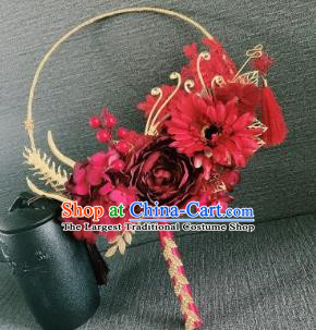 Chinese Traditional Wedding Palace Fans Ancient Bride Red Flowers Phoenix Round Fans for Women