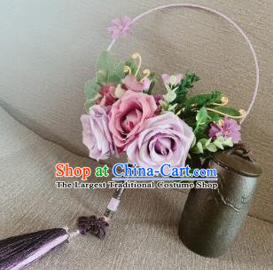Chinese Traditional Wedding Purple Roses Palace Fans Ancient Bride Round Fans for Women