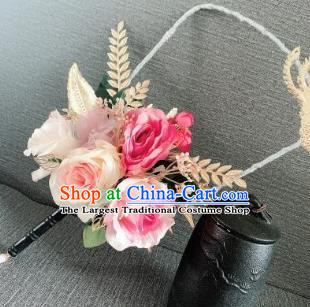 Chinese Traditional Wedding Pink Roses Palace Fans Ancient Bride Round Fans for Women