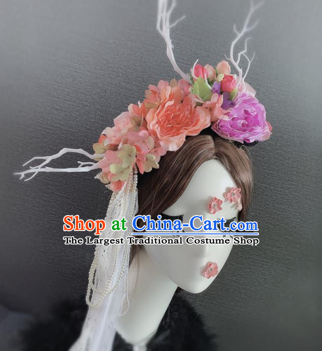 Top Grade Halloween Pink Peony Branch Hair Accessories Brazilian Carnival Headwear for Women