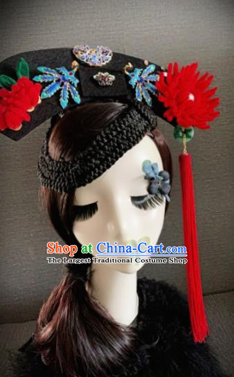 Traditional Chinese Ancient Palace Red Velvet Chrysanthemum Hair Accessories Qing Dynasty Queen Headwear for Women