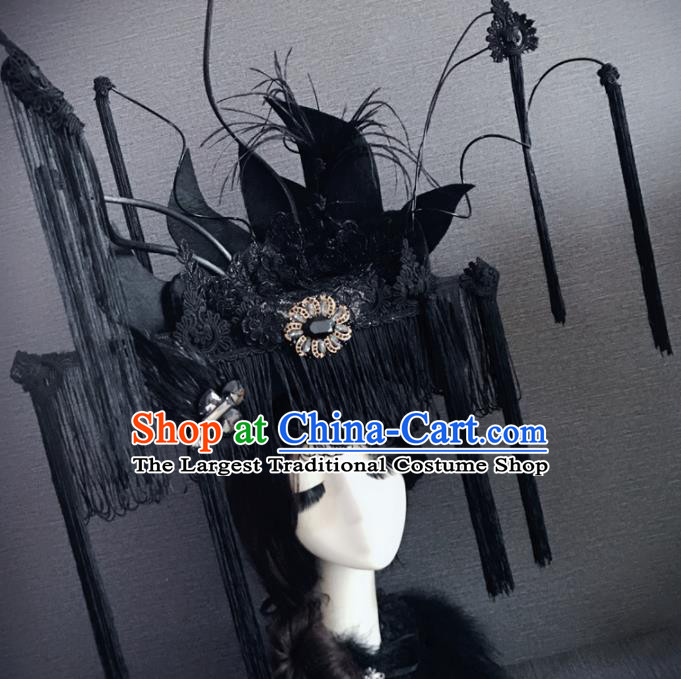 Handmade Chinese Ancient Opera Luxury Black Tassel Hair Accessories Halloween Modern Fancywork Headwear for Women