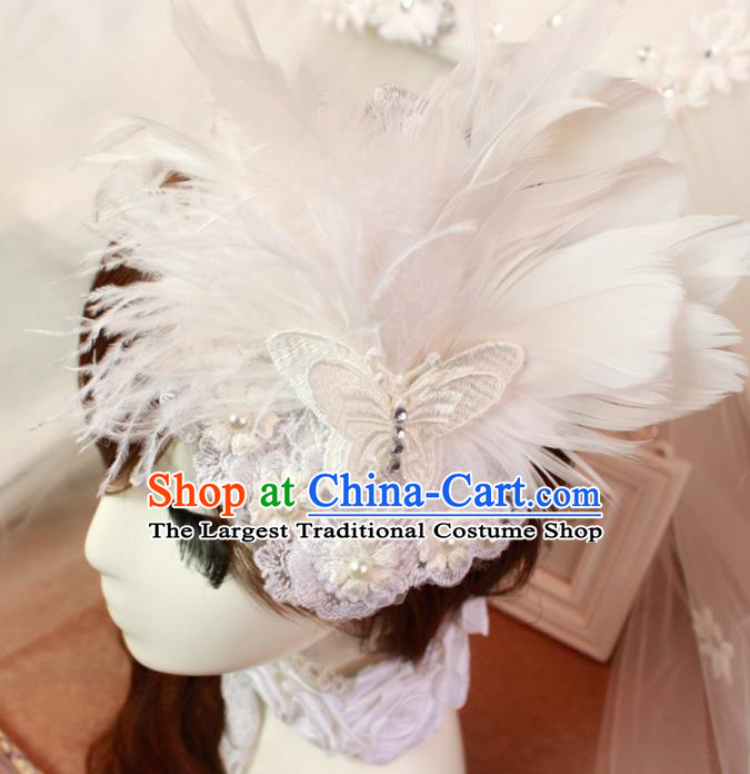 Top Grade Princess White Feather Butterfly Hair Accessories Bride Hair Stick Headwear for Women