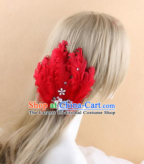 Top Grade Baroque Princess Red Feather Hair Claw Headwear Wedding Bride Hair Accessories for Women