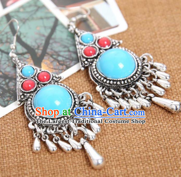 Top Grade Chinese Zang Nationality Blue Earrings Traditional Ethnic Accessories for Women