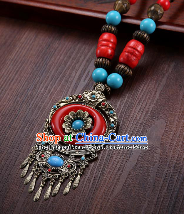 Handmade Chinese Zang Nationality Necklace Traditional Ethnic Red Necklet Accessories for Women