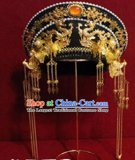 Chinese Ancient Manchu Empress Headwear Golden Phoenix Tassel Hat Traditional Qing Dynasty Queen Hair Accessories for Women