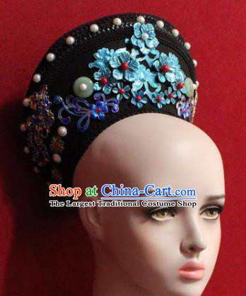 Chinese Ancient Manchu Empress Headwear Blueing Flowers Hat Traditional Qing Dynasty Queen Hair Accessories for Women