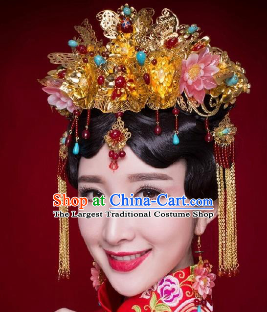 Chinese Ancient Bride Hairpins Pink Lotus Phoenix Coronet Traditional Palace Wedding Hair Accessories Complete Set for Women