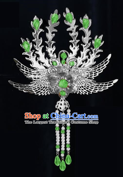 Chinese Ancient Princess Tassel Hair Clip Light Green Crystal Phoenix Hairpins Traditional Palace Hanfu Hair Accessories for Women