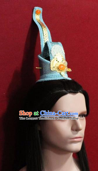 Handmade Chinese Han Dynasty Prince Blue Hairdo Crown Traditional Ancient Swordsman Hair Accessories for Men