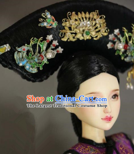 Chinese Ancient Palace Manchu Imperial Consort Cloisonne Phoenix Headwear Traditional Qing Dynasty Queen Hair Accessories for Women