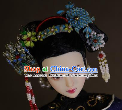 Chinese Ancient Empress Cloisonne Hairpins Headwear Traditional Qing Dynasty Palace Manchu Queen Hair Accessories for Women