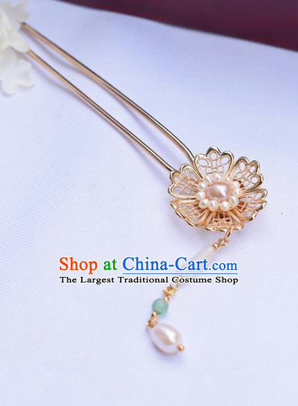 Chinese Ancient Princess Golden Hairpins Pearls Tassel Step Shake Traditional Hanfu Hair Accessories for Women