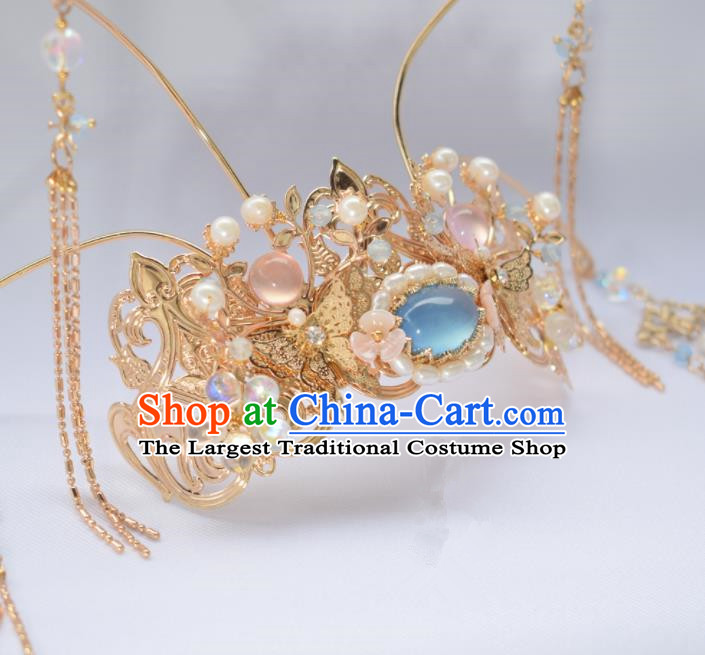 Chinese Ancient Princess Palace Blue Chalcedony Tassel Hair Crown Hairpins Traditional Handmade Hanfu Hair Accessories for Women