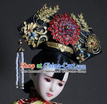 Chinese Ancient Palace Queen Red Peony Phoenix Headwear Traditional Qing Dynasty Manchu Empress Hair Accessories for Women