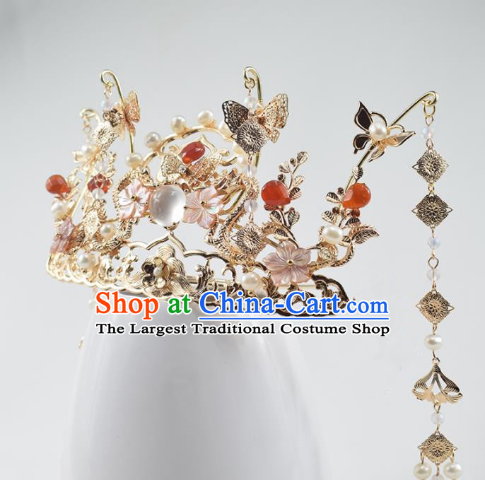 Chinese Ancient Princess Chalcedony Tassel Phoenix Coronet Hairpins Traditional Hanfu Hair Accessories for Women