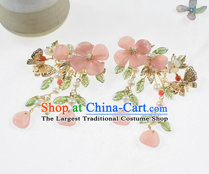 Chinese Ancient Princess Pink Flowers Butterfly Hair Claw Hairpins Traditional Hanfu Hair Accessories for Women