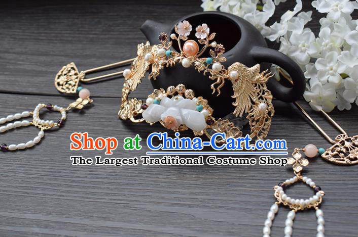 Chinese Ancient Princess Palace Jade Hair Crown Tassel Hairpins Traditional Handmade Hanfu Hair Accessories for Women