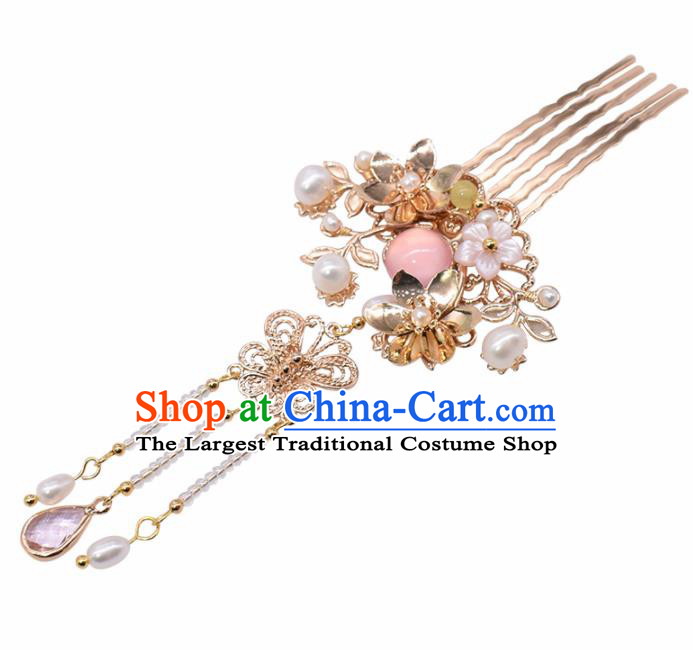 Chinese Ancient Princess Palace Pink Crystal Hair Combs Hairpins Traditional Handmade Hanfu Hair Accessories for Women