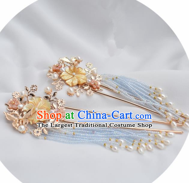 Chinese Ancient Princess Palace Yellow Shell Pearls Tassel Hairpins Traditional Handmade Hanfu Hair Accessories for Women