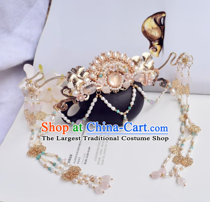 Chinese Ancient Princess Palace Pearls Tassel Hair Crown Hairpins Traditional Handmade Hanfu Hair Accessories for Women