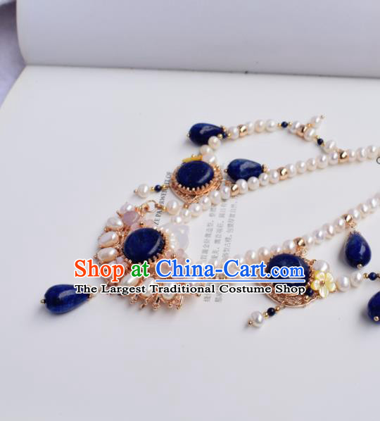 Handmade Chinese Hanfu Blue Stone Necklace Traditional Ancient Princess Necklet Accessories for Women
