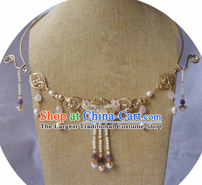 Handmade Chinese Hanfu Pearls Tassel Jade Necklace Traditional Ancient Princess Necklet Accessories for Women