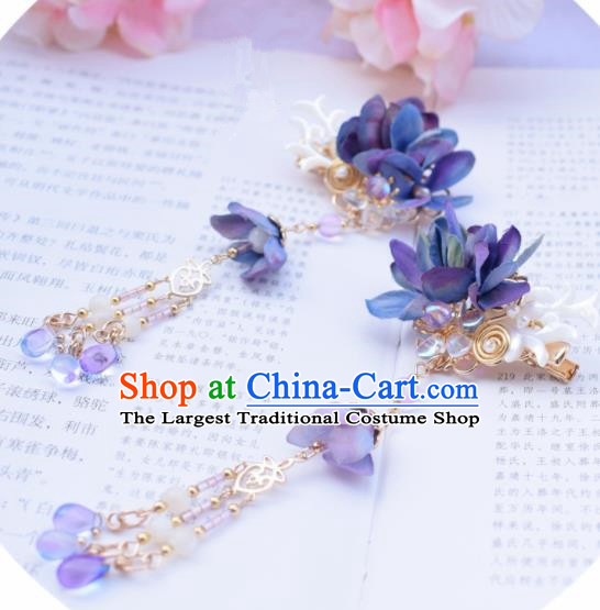 Chinese Ancient Princess Palace Blue Flowers Shell Hair Claws Hairpins Traditional Handmade Hanfu Hair Accessories for Women