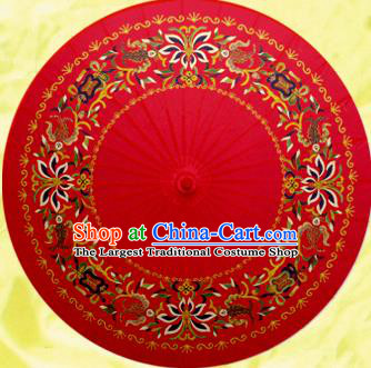 Chinese Ancient Red Oiled Paper Umbrella Traditional Handmade Printing Lotus Umbrellas