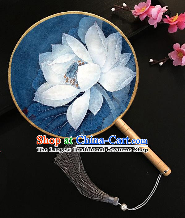 Chinese Handmade Classical Palace Fans Printing Lotus Blue Silk Round Fan for Women