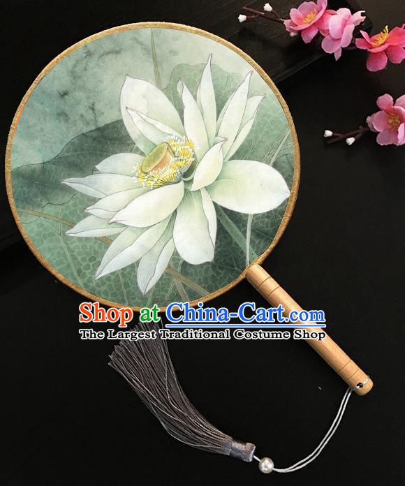 Chinese Handmade Classical Palace Fans Printing Lotus Green Silk Round Fan for Women