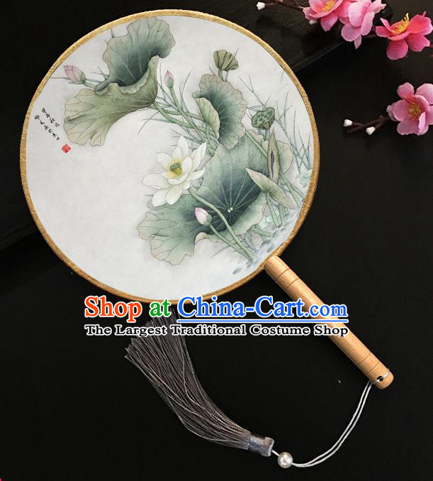 Chinese Handmade Classical Palace Fans Printing Lotus Silk Round Fan for Women