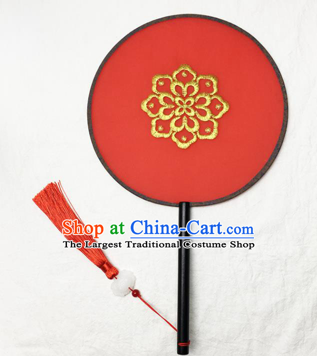 Chinese Handmade Classical Palace Fans Traditional Embroidered Red Silk Round Fan for Women