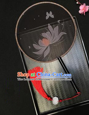 Chinese Handmade Classical Palace Fans Traditional Embroidered Lotus Black Silk Round Fan for Women