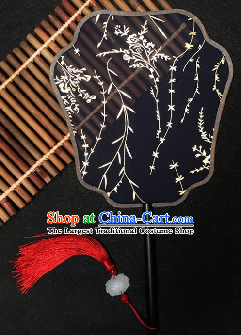 Chinese Handmade Classical Palace Fans Traditional Gilding Willow Black Silk Fan for Women