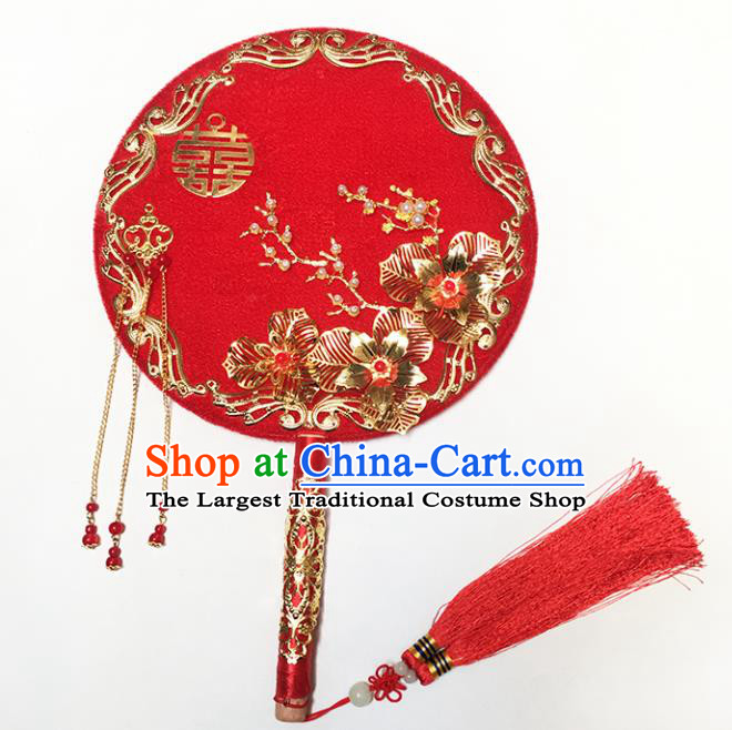 Chinese Handmade Classical Palace Fans Traditional Wedding Bride Red Round Fan for Women