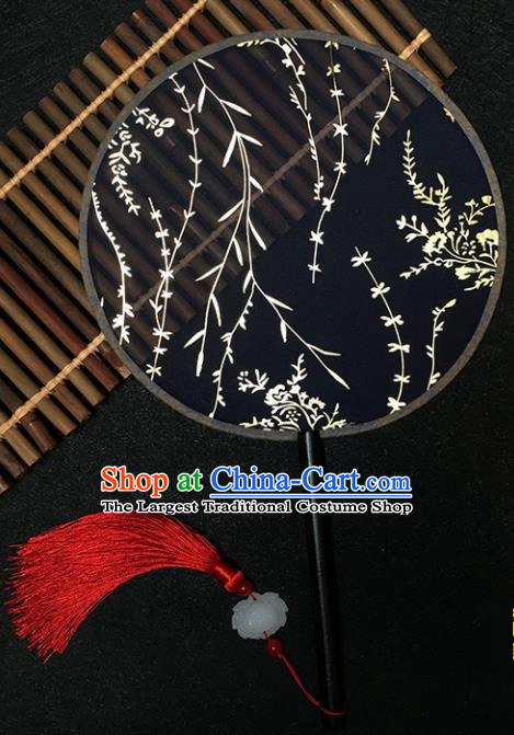 Chinese Handmade Classical Palace Fans Traditional Gilding Willow Black Silk Round Fan for Women